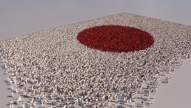 Aerial view of a Crowd of People, coming together to form the Flag of Japan. Japanese Banner on White Background.