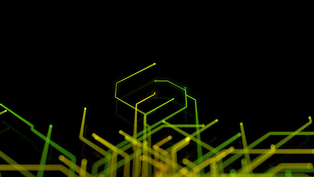 Green and Yellow Neon Lines form a Futuristic High-Tech Mesh. Connectivity Concept with copy-space.
