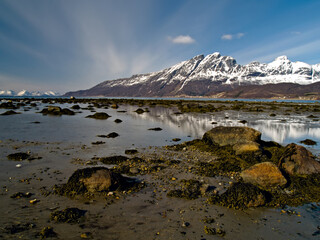 Snow covered mountains and fjord in Northern Norway