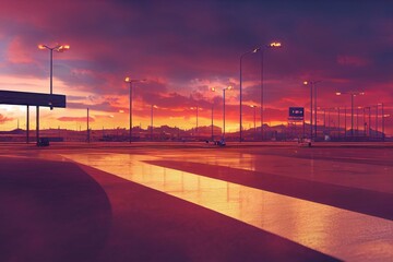 Fototapeta na wymiar Airport at the colorful sunset. Generative AI