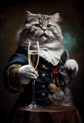 Funny cat with a glass of wine in its paw. AI generated. - obrazy, fototapety, plakaty