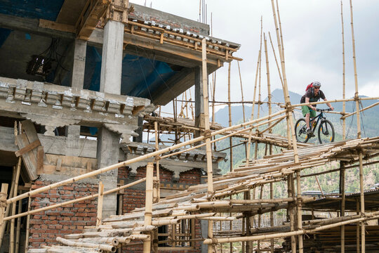 Man riding mountain bike in Bhutan
