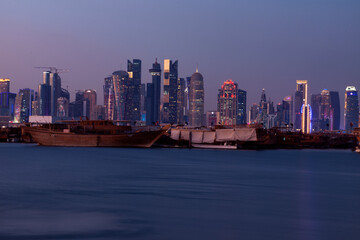 Fototapeta premium View of the Doha Corniche of the towers and the sea in Qatar 