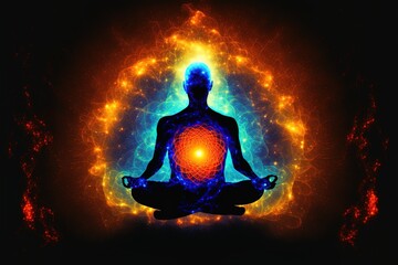 Universe, cosmos. Meditation background,  yoga lotus pose, chakras, prana, Soul healing energy, and spirituality. Generative AI - obrazy, fototapety, plakaty