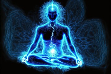 Universe, cosmos. Meditation background,  yoga lotus pose, chakras, prana, Soul healing energy, and spirituality. Generative AI - obrazy, fototapety, plakaty