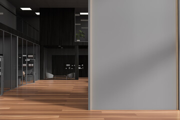 Front view on dark office interior with empty grey wall