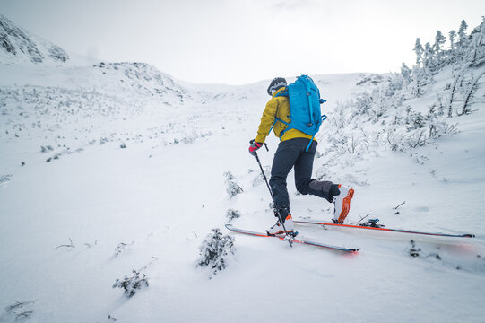 Backcountry skier skiing snow field on wide open mountain