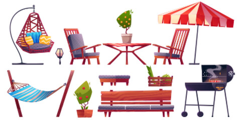 Cartoon set of garden furniture isolated on white background. Vector illustration of wooden table, bench and chairs, grill, umbrella, hammock and handing armchair. Home bbq party on summer terrace