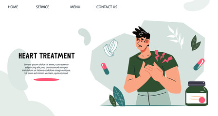 Cardiology and heart disease web banner with man who has sudden heart pain, flat cartoon vector illustration. Heart problems and diseases, heart attack or stroke symptoms and treatment website.