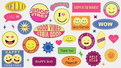 Big set modern cute smiling cartoon pop art label stikers shape.