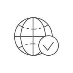 Earth globe with check mark lineal icon. Global technology, internet, social network symbol design.