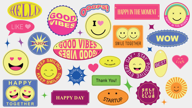 Big set modern cute smiling cartoon pop art label stikers shape.