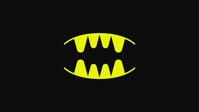 Yellow Vampire teeth icon isolated on black background. Happy Halloween party. 4K Video motion graphic animation