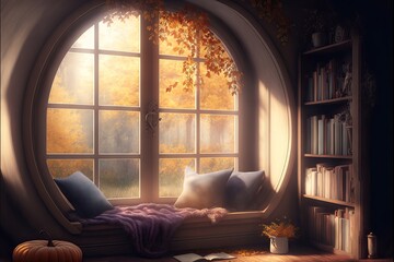 A cozy window nook on a bright day. Generative ai composite.