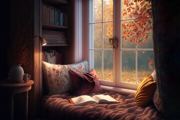 Cozy read nook on a bright spring day. Generative ai composite. - obrazy, fototapety, plakaty