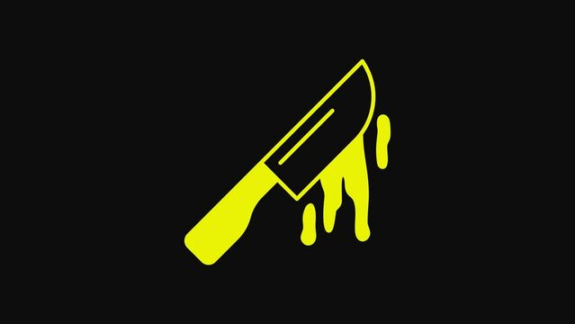 Yellow Bloody knife icon isolated on black background. Cutlery symbol. Happy Halloween party. 4K Video motion graphic animation