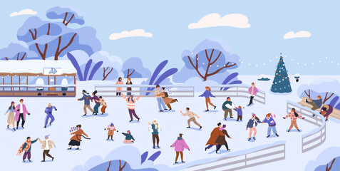 Fototapeta na wymiar Characters skating on ice rink. People skaters at public park on winter holidays. Fun leisure activity, entertainment, amusement. Outdoor rest in frost, snow, cold weather. Flat vector illustration