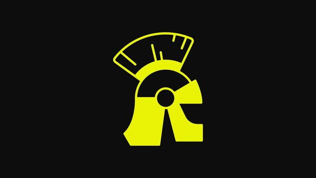 Yellow Roman army helmet icon isolated on black background. 4K Video motion graphic animation