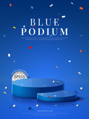 Two blue round podium with confetti on blue background, for product display, Vector illustration