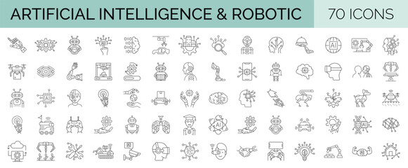 Set of 70 line editable stroke icons raleated to AI, Robotic, Artificial Intelligence, Technology. Outline icons collection. Vector illustration - obrazy, fototapety, plakaty