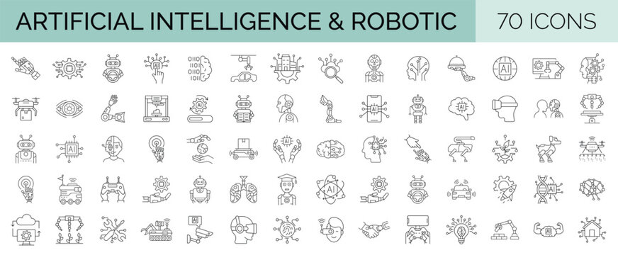 Set of 70 line editable stroke icons raleated to AI, Robotic, Artificial Intelligence, Technology. Outline icons collection. Vector illustration