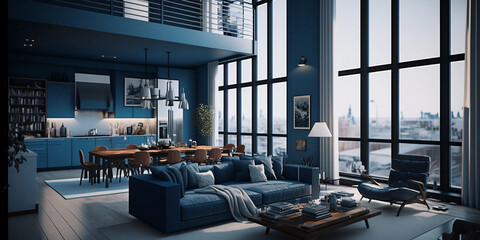 Fototapeta na wymiar Rendu 3D, Penthouse de luxe bleu, canapé, deux étages