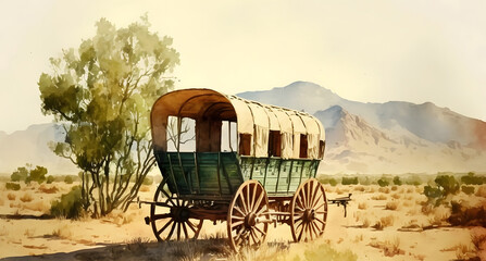 Abandoned wagon in desert mountain landscape art oil painting - obrazy, fototapety, plakaty