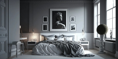 Rendu 3D, Chambre de luxe grise et blanche avec des tableau