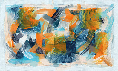 White canvas artwork, abstract paint strokes oil painting, orange and dark blue colored pattern