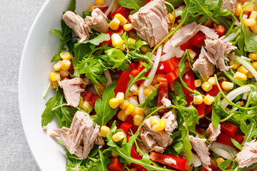 Canned tuna salad with arugula and fresh vegetables, top view