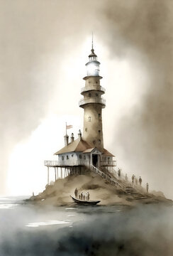 Vintage lighthouse watercolor painting art illustration, foggy cloudy sky with boat and sailors