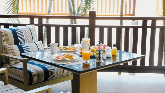 Fresh breakfast buffet with variety of food and juices