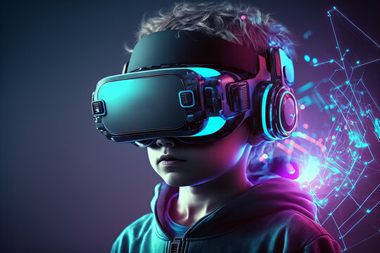 Kid using virtual reality glasses to play video games in the Metaverse. Child with VR device and digital elements around his head. Generative ai