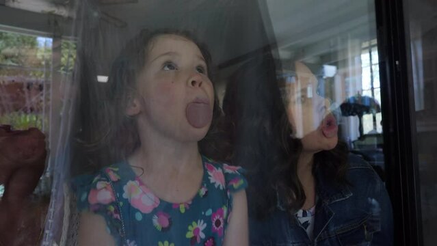 Handheld shot of playful female multi-generation family pressing faces on glass window at home