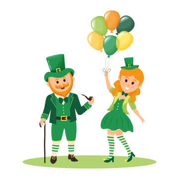 Leprechaun man and woman.  St. Patrick's Day characters. Cartoon man and girl in traditional irish costumes.
