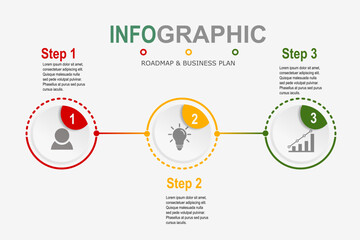 Infographic template for business plan ,strategy, roadmap. 3 Steps Modern Timeline diagram with graphs and business icon, presentation vector infographics