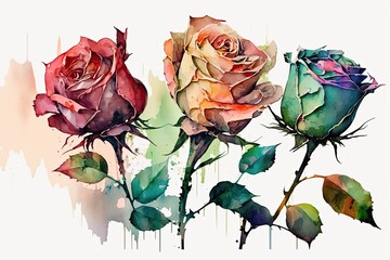 colorful watercolor roses in various colors (AI generated)