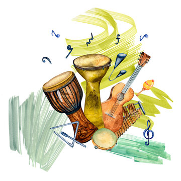 watercolor musical instruments with green accents clip art preview