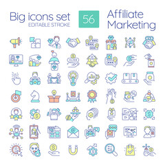 Affiliate marketing RGB color icons set. Business online. Products performance network. Commercial cooperation. Isolated vector illustrations. Simple filled line drawings collection. Editable stroke