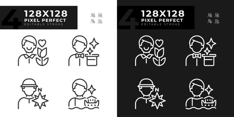 Male archetypes pixel perfect linear icons set for dark, light mode. Personality trait. Psychoanalysis. Lover, magician. Thin line symbols for night, day theme. Isolated illustrations. Editable stroke