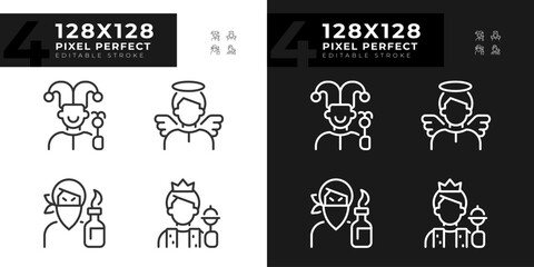 Literature archetypes pixel perfect linear icons set for dark, light mode. Personality traits. Powerful characters. Thin line symbols for night, day theme. Isolated illustrations. Editable stroke