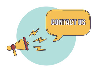 Speech bubble with megaphone, message, text contact us. Megaphone announcement with trendy color shapes.