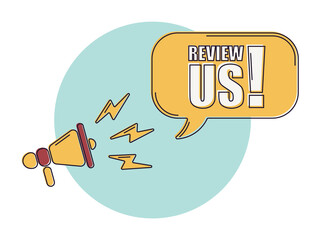 Speech bubble with megaphone, message, text review us. Megaphone announcement with trendy color shapes. Review us.