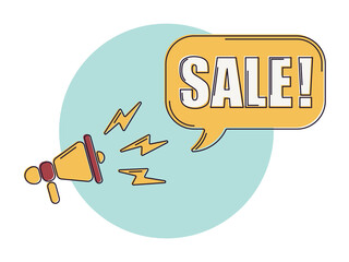 Speech bubble with megaphone, message, text sale. Megaphone announcement with trendy color shapes. Sale.