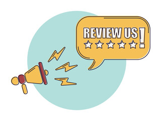 Speech bubble with megaphone, message, text review us with five stars. Megaphone announcement with trendy color shapes. Review us.