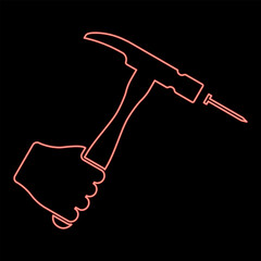 Fototapeta premium Neon hammer hits nail in hand claw holding Fixing and repairing working tools red color vector illustration image flat style