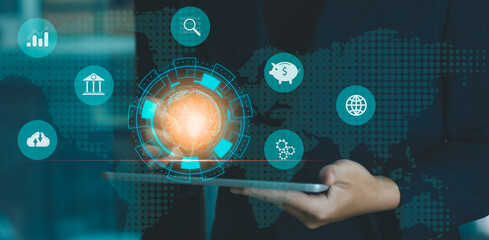 Businessman using tablet and icon network connection data with growth graph customer, digital marketing, banking and payment online, analysis and planning of business.