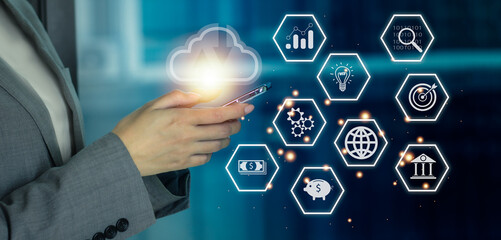 Businesswoman using smartphone connect to data information on cloud computing network. Cloud computing technology icons concept. banner design