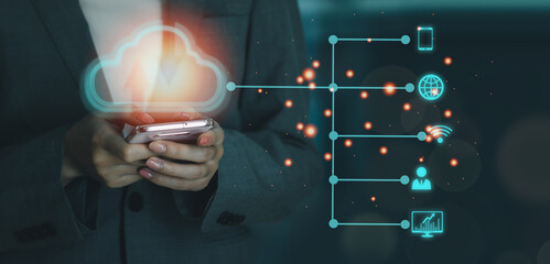 Businesswoman using smartphone connect to data information on cloud computing network. Cloud computing technology concept.