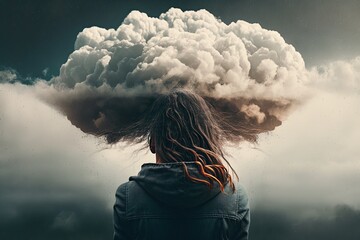 A mental health concept. Of a woman with his head in his hands vanishing into clouds generative ai